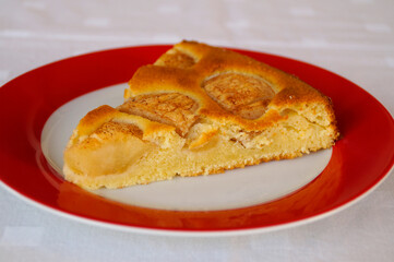 a piece of delicious home-made apple pie in the October sun on a plate with red fringe	