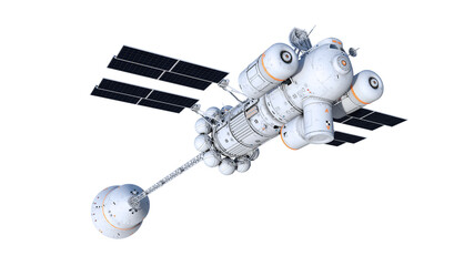 Spaceship with solar panels, alien UFO spacecraft in flight isolated on white background, bottom view, 3D rendering