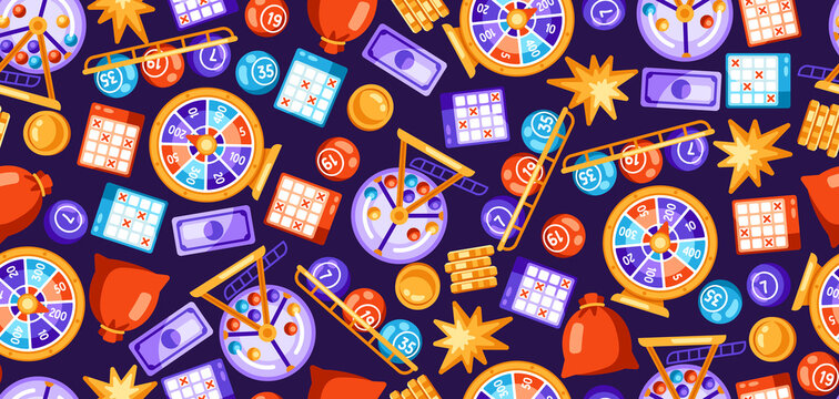 Lottery And Bingo Seamless Pattern. Icons Of Gambling Or Online Games.