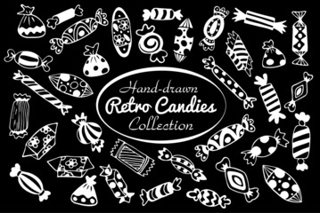A collection of hand-drawn candies and bonbons retro style, vintage confectionery doodles