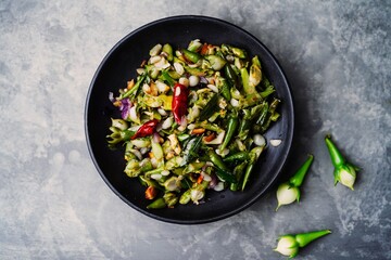 Nithya vazhuthana or Clove beans stir fry, overhead view