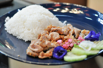 Rice with stir fried pork with garlic, stir fried pork