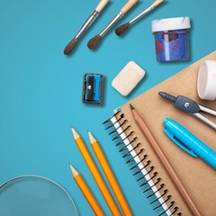 A picture of stationery set on the desk. Back to school