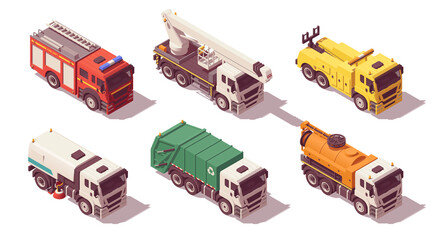 Isometric municipal utility trucks set. Vector illustration