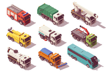 Isometric municipal utility trucks set. Vector illustration