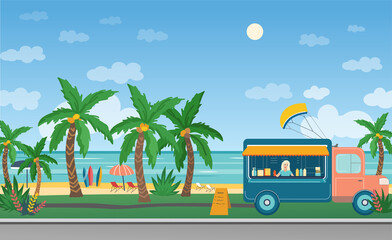 Summer beach background illustration. Road and ocean coast with palms, food truck, surf board, beach umbrellas. Bright colorful vector drawing