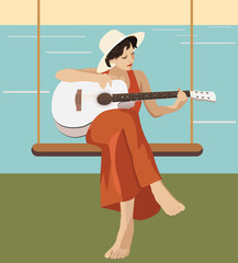 Woman playing acoustic guitar. Enjoying music. Girl sitting with red dress, hat, music instrument. Trendy boho style illustration. Relaxation, music lesson, recreation. Hobby, studying