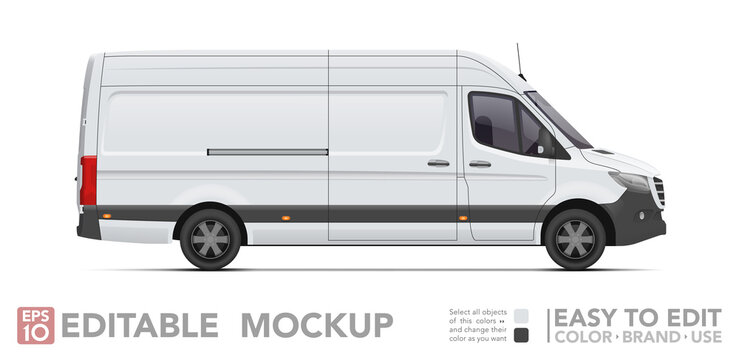 Editable Cargo Van Mockup. Realistick Van On White Background. Vector Illustration. Collection