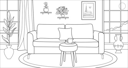 Living room in apartment. Interior Room with furniture: sofa, houseplant, window, curtains, coffee cup and pictures on wall. Hand drawing coloring book page for kids and adults. © Christina
