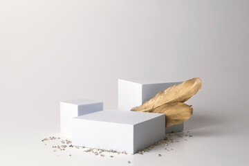 White podiums on the white background with golden feathers and small crystals. Podium for product,...