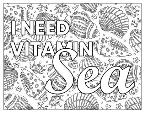 Hand drawn coloring page for kids and adults. Summer beach, sea shells, starfish, ocean. Beautiful drawing with patterns and small details. Coloring book pictures. Vector