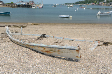 The shell of an old abandoned rowboat sits on the shoreline of Wills Gut on Baileys Island and the...
