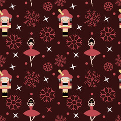 Vector christmas seamless pattern with Nutcracker and ballerina, snowflakes  for fabrics, paper, textile, gift wrap isolated on red background