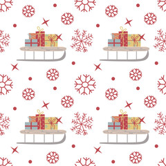 Vector christmas seamless pattern with gifts, snowflakes in vintage style for fabrics, paper, textile, gift wrap isolated on white background