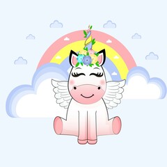 White and pink unicorn. Rainbow with unicorn. Background with unicorn, cloud and rainbow