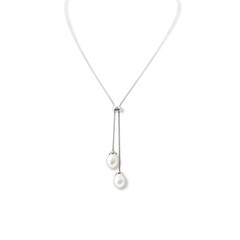 Silver necklace with two pearl pendants on white background