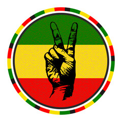 Black Silhouette of Victory Hand. Two Fingers Up Gesture on Green Yellow Red Flag Background. Round Rastaman Emblem. Vector Illustration.
