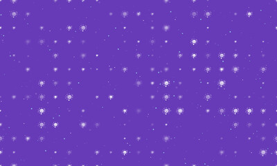 Seamless background pattern of evenly spaced white cosmic symbols of different sizes and opacity. Vector illustration on deep purple background with stars