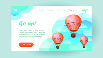 Landing page design template. Sky and hot air balloons. Go up!