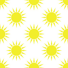 Yellow sun on a white background. Seamless modern pattern. Fashionable print for fabrics, decorative pillows, packing paper. Vector.