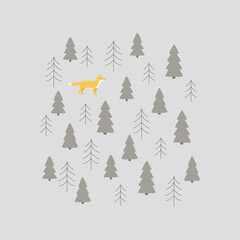 Obraz premium Vector winter forest composition - fox, spruce, pine