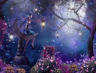 a fabulous little fairy on the background of a fantastic forest