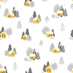 Winter vector seamless pattern with houses and trees in the forest. Background for design of textile, wallpaper, fabric, paper.