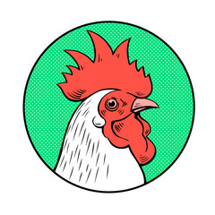 Head portrait of a rooster on a green background. Logo, emblem of chicken meat, farming. Domestic bird. Vector isolated round illustration
