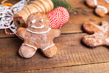 gingerbread cookies christmas sweets new year treat sweet dessert gingerbread man cinnamon, ginger fresh ready to eat meal snack on the table copy space food background rustic top view