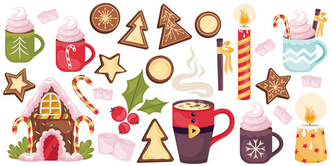 Christmas set with cocoa drinks, cookies, gingerbread, candy canes.Gingerbread house with caramel and cream, candles and cinnamon. Christmas decor vector illustration