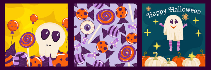 Set of Halloween cover posters with a ghost, pumpkins and skull. Cute illustrations with characters and pattern. Vector illustration in cartoon style.