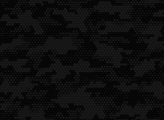 
Black digital camouflage pattern vector hexagonal seamless background for clothing printing.