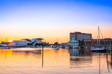 View of Hampton Virginia downtown waterfront district seen at sunset under colorful sky - 456981570