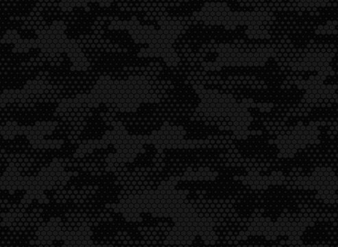 
Black digital camouflage pattern vector hexagonal seamless background for clothing printing.