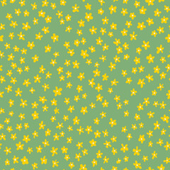 Ditsy daisy minimal seamless repeat pattern. Random placed, vector yellow flower all over print on sage green background.