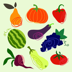 Colorful set of vegetables and fruits. Vector illustration. Illustration in doodle style. Texture for printing on textiles and printing, for interior decoration.