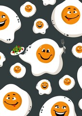 Baby scrambled eggs. Good morning pattern. Funny morning. Baby background. Cartoon scrambled eggs