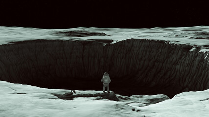 Classic Spaceman Spacewoman Standing on the Edge of a Large Crater on the Moon Sci Fi Astronaut Cosmonaut Moonscape 3d illustration render  © paul