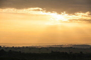 Golden sky over savanna during sunset. Queen Elizabeth National Park, Uganda