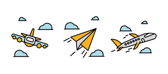 Airplane icon set. Cardboard airplane and jet plane drawing set among clouds. Airplane related icon set. Colorful linear set.