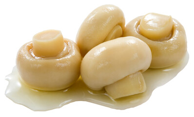 Champignons em grupo de quatro com calda em fundo branco para recorte.