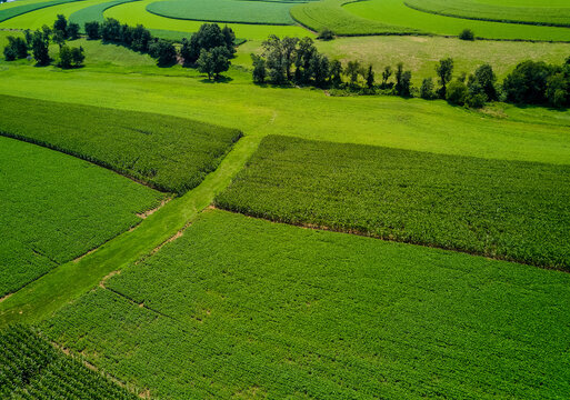Amish farms dot the landscape as fresh corn and other vegetables grow organically as seen from an aerial drone image