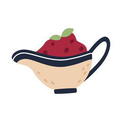 Simple cartoon flat icon with cranberry turkey sauce in vintage saucepan. Element, clipart, object, item for autumn design. Traditional Thanksgiving dinner dish. Cute sticker for holiday card, poster.