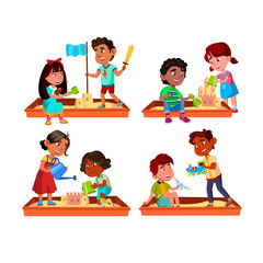 Boy And Girl Kids Playing In Sandbox Set Vector. Children Together In Sandbox, Building Sandy Castle And Play With Airplane And Train Toys. Characters Recreation Time Flat Cartoon Illustrations