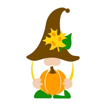 Cute fall gnome in a brown hat with pumpkin. Decorative typography poster. Baby, t shirt design. Vector