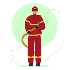 A firefighter in uniform holds a fire hose. A man in a fireman's uniform. Without a face. Vector illustration