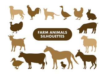 Obraz premium Farm animals silhouettes. Horse, cow, pig, goat, sheep, cat, dog, chicken, goose vector silhouettes