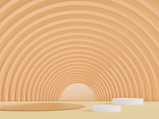 Obraz premium Podium for product placement with Retro modern and contemporary design. 3d rendering minimal scene for mock up and showing brand. Pedestal platform for cosmetic advertise. Various of arch simple.