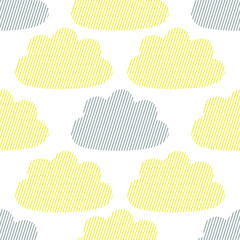 Clouds consisting of colored lines on a white background. Seamless modern pattern for trendy fabrics, decorative pillows, wrapping paper. Trending colors yellow and gray in 2021. Vector.