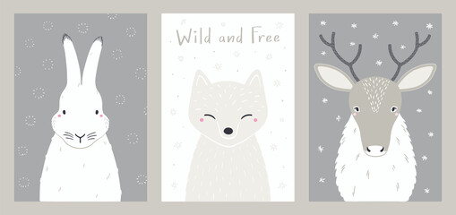 Cute cartoon animals portraits set, arctic hare, fox, reindeer. Hand drawn vector illustration. Winter wildlife characters. Design concept for kids fashion print, poster, baby shower, card.
